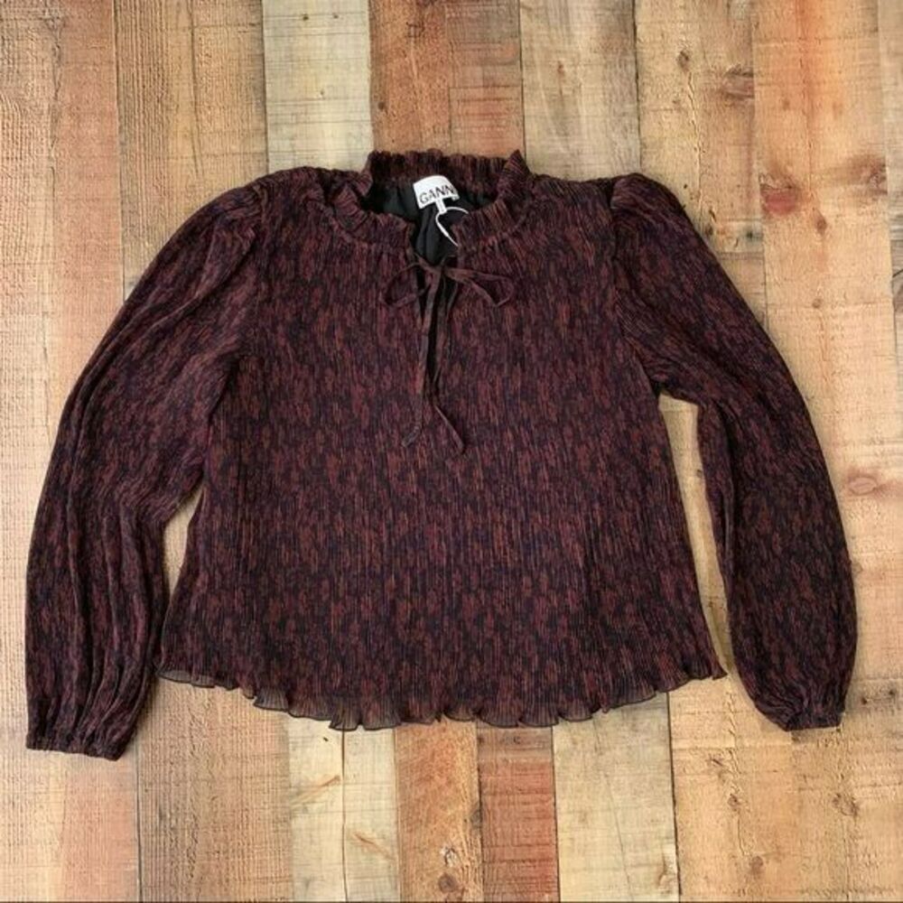 Ganni recycled pleated georgette long balloon sleeve blouse in French roast - 44